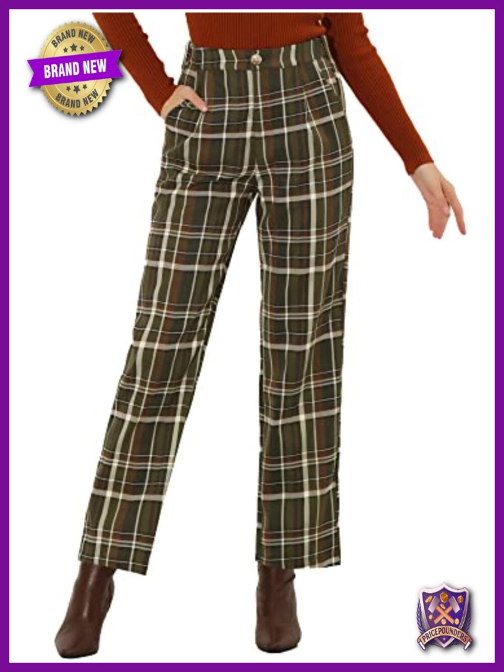 Plaid Trousers Elastic Waist Straight Leg Long Pants